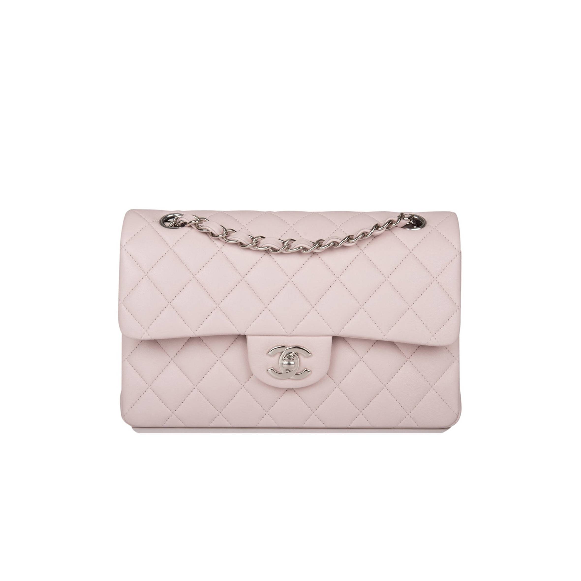 CHANEL SMALL CLASSIC DOUBLE FLAP BAG LIGHT PINK LAMBSKIN SILVER HARDWARE (23*13*6cm)