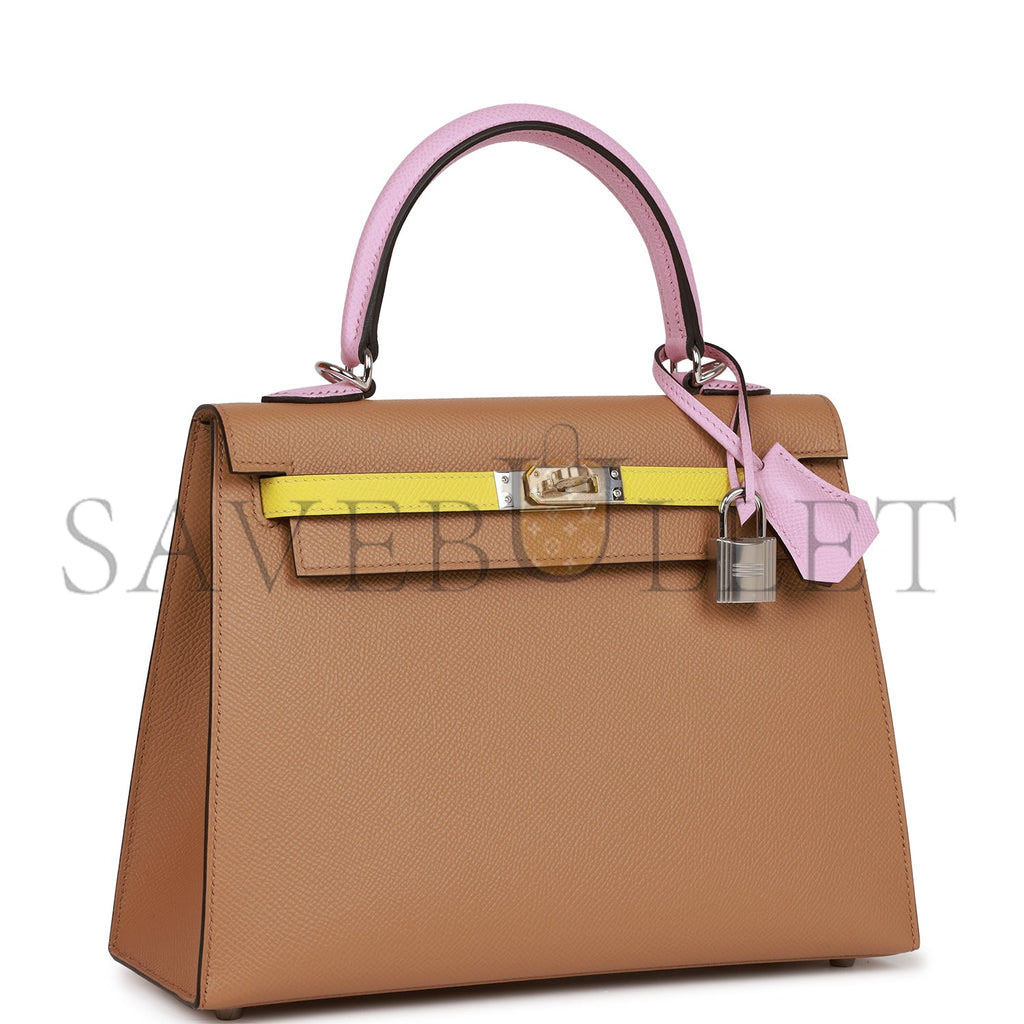 HERMES KELLY SELLIER 25 TRI-COLOR CHAI, LIME AND MAUVE SYLVESTRE EPSOM PALLADIUM HARDWARE(25*17*7cm)