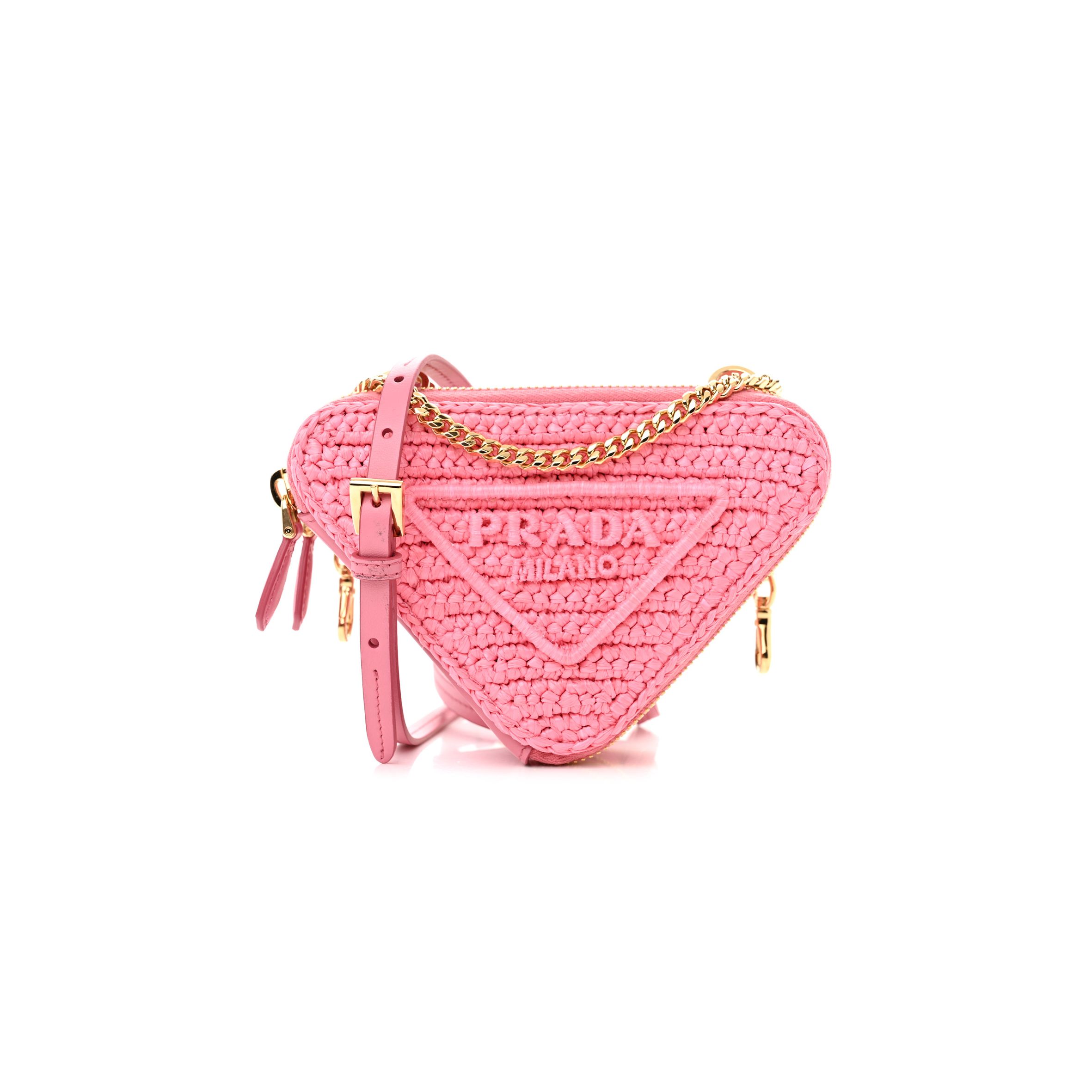 PRADA RAFFIA EFFECT YARN CROCHET MINI TRIANGLE POUCH PETAL PINK (15*10*5cm)