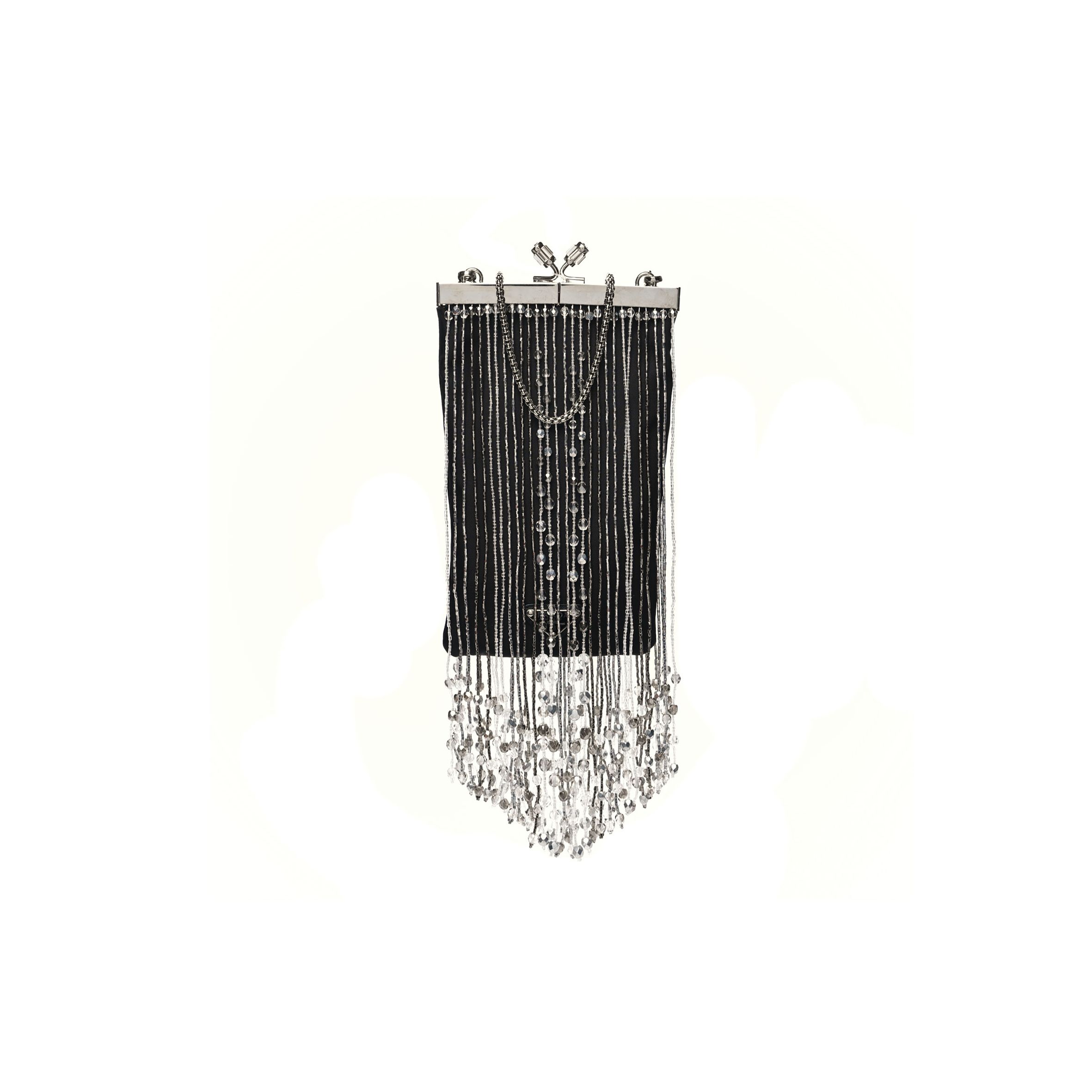 PRADA NYLON BEADED FRINGE FLAT CHAIN CLUTCH BLACK (20*11*1cm)